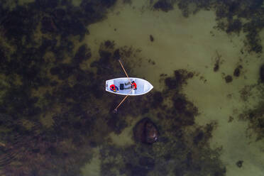 Aerial view of two fishermen paddling in the baltic sea in Estonia - AAEF03772