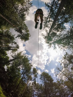 Luftaufnahme einer Person, die den Wald durch ein großes Seilzugseil durchquert. - AAEF03890