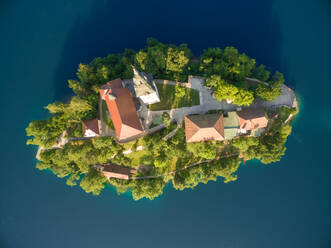 Luftaufnahme der Kirche Maria Himmelfahrt am Bleder See in Slowenien. - AAEF03901