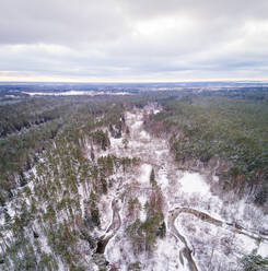 Luftaufnahme des von Schnee umgebenen Serpentinenflusses Vaana Jogi im Winter in Estland. - AAEF04034