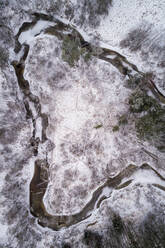 Luftaufnahme des von Schnee umgebenen Serpentinenflusses Vaana Jogi im Winter in Estland. - AAEF04036