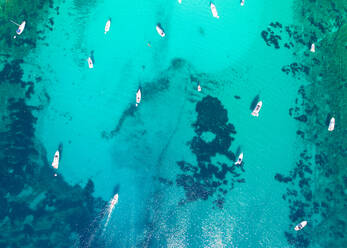 Luftaufnahme von Segelbooten und Yachten in der Bucht von Sakarun auf der Insel Dugi Otok in Kroatien - AAEF04108