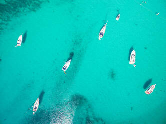 Aerial view of sailing boats and yachts in the bay of Sakarun on the island of Dugi Otok in Croatia - AAEF04113