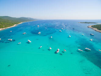 Aerial view of sailing boats and yachts in the bay of Sakarun on the island of Dugi Otok in Croatia - AAEF04116