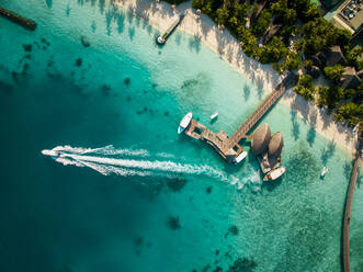 Luftaufnahme eines traditionellen Bootes mit Passagieren, das neben der Malediveninsel fährt. - AAEF04309