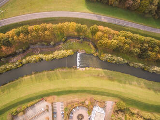 Aerial view above of man-made water canal, Deventer, Netherlands. - AAEF04422