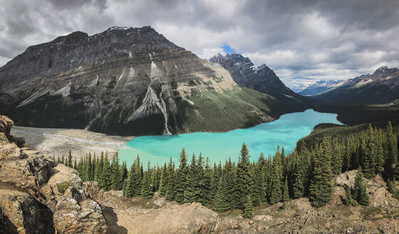 Panoramablick auf den türkisfarbenen Peyto Lake in Banff, Alberta, Kanada. - CAVF63345