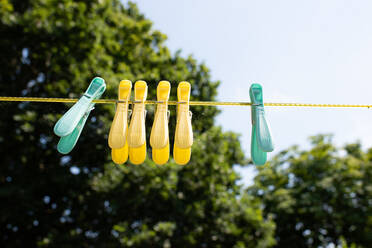 Bunte Wäscheklammern hängen an einer Wäscheleine in einem englischen Landgarten - CAVF63869