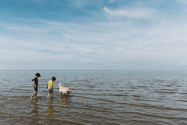 Zwei Brüder und Hund paddeln im Meer gegen einen bewölkten Himmel - CAVF64041