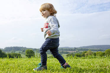 Ein kleiner Junge, der sich auf einer grünen Wiese auf dem Lande vergnügt, Caurel in der Bretagne, Frankreich. - CAVF64139