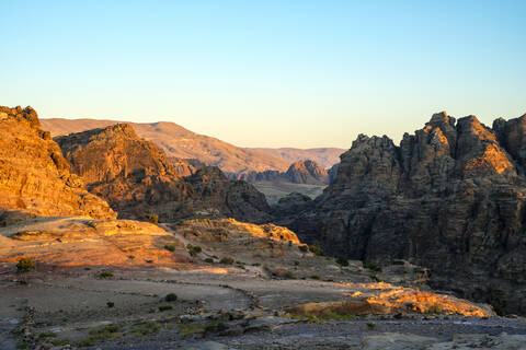 Desert landscape near Ad-Deir at sunset, Petra, Jordan stock photo