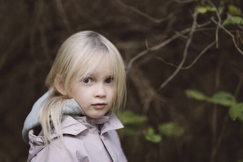 Porträt eines starrenden kleinen Mädchens im Wald - EYAF00481