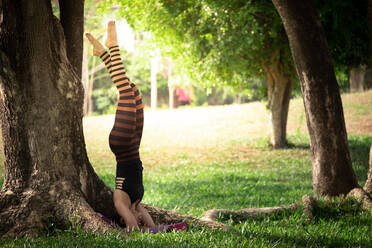 Schöne junge Frau macht Yoga-Übung auf grünem Gras in der - CAVF64474