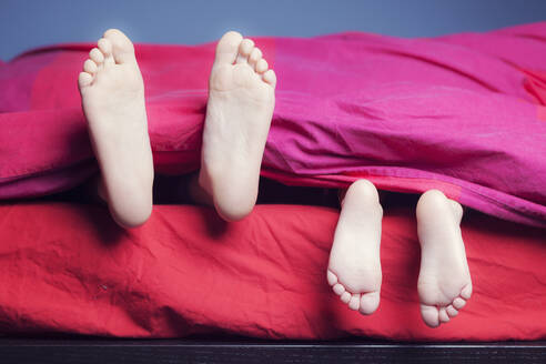 Feet of two sisters lying in bed - XCF00265