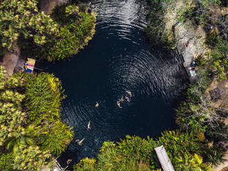 Unerkennbare Gruppe von Menschen schwimmen in sauberem Wasser Cenote Crystal - CAVF64652