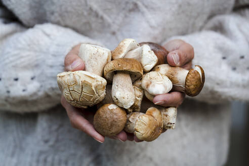 Nahaufnahme einer Frau mit frischen Porcini - HMEF00614