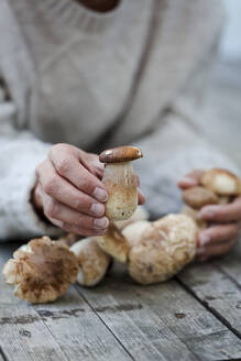 Nahaufnahme einer Frau mit frischen Porcini - HMEF00619