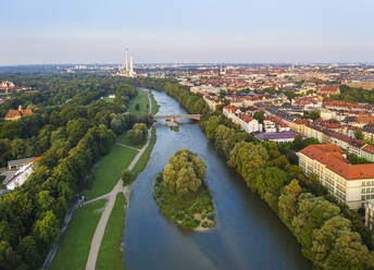Germany, Upper Bavaria, Munich, Aerial view of Isar river and surrounding city buildings - SIEF09106