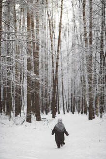 Rückenansicht eines kleinen Mädchens mit Kopftuch, das im Winterwald spazieren geht - EYAF00497