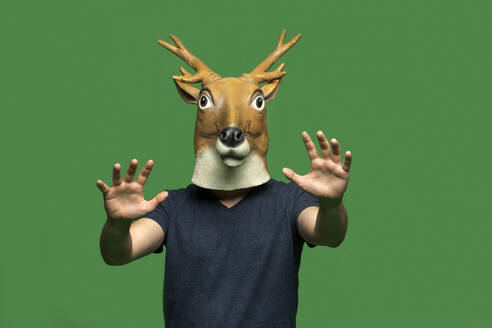Junger Mann mit Hirschmaske, der die Hände vor einem grünen Hintergrund hebt - VGF00306