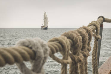 Denmark, Baltic sea, Traditional sailing ship seen from gaff schooner deck  - KEBF01358