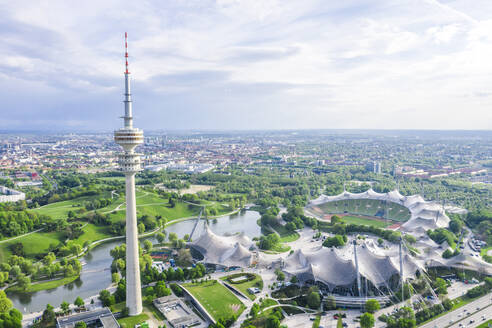 Germany, Bavaria, Munich, Aerial view of Olympiapark and Olympic Tower in summer - MMAF01182