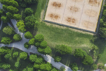 Germany, Bavaria, Munich, Aerial view of beach volleyball court in Olympiapark - MMAF01184