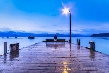 New Zealand, South Island, Akaroa, wooden pier at night - SMAF01517