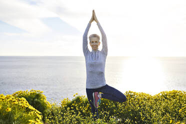 Porträt einer lächelnden älteren Frau, die eine Baumpose einnimmt, während sie inmitten von Pflanzen am Meer gegen den Himmel an einem sonnigen Tag trainiert - CAVF64954