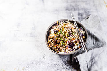 Korean style beef bowl, low carb with minced meat, Shirataki noodles, carrots and red cabbage - SBDF04019