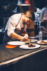 Chef serving food on plates in the kitchen of a restaurant - CJMF00092