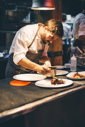 Chef serving food on plates in the kitchen of a restaurant - CJMF00102