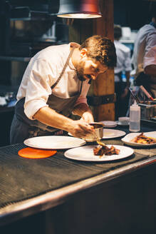 Chef serving food on plates in the kitchen of a restaurant - CJMF00102