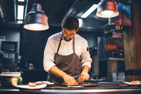 Chef serving food on plates in the kitchen of a restaurant - CJMF00110