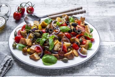 Panzanella, Italian bread salad with roasted ciabatta, tomatoes, olives, red onion, caper apples and basil on plate - SARF04373