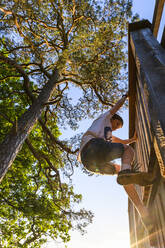 Boy climbing on wooden construction - JOHF02333