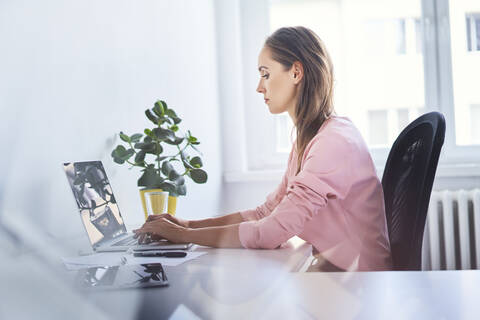 Konzentrierte junge Geschäftsfrau bei der Arbeit am Laptop im Home Office, lizenzfreies Stockfoto