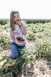Porträt eines Mädchens, das auf einem Feld gepflückte Erdbeeren isst - STBF00447
