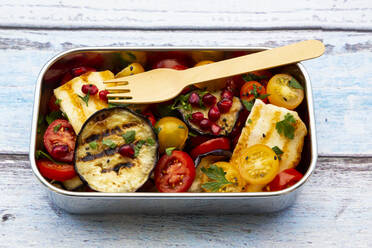 Persian tomato salad with halloumi in metal lunch box - LVF08333