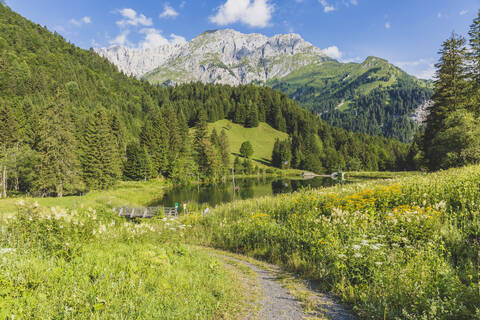 Österreich, Kärnten, Blick auf einen See in einem bewaldeten Tal der Karnischen Alpen im Sommer, lizenzfreies Stockfoto