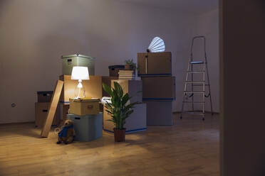 Pappkartons in einem leeren Zimmer in einer neuen Wohnung - MAMF00802