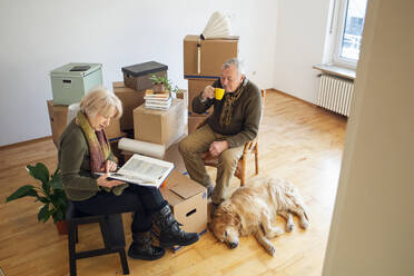 Ein älteres Ehepaar macht eine Pause, umgeben von Kartons in einem leeren Raum - MAMF00819