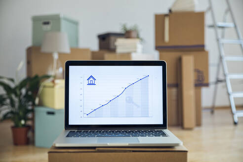 Steigendes Liniendiagramm auf dem Laptop-Bildschirm vor Kartons in einem leeren Raum in einer neuen Wohnung - MAMF00854