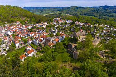 Germany, Hesse, Lindenfels, Aerial view of medieval town with ruined castle in center - AMF07352