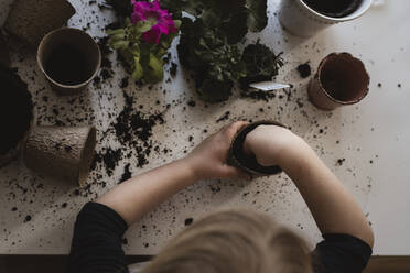 Girl potting flower - JOHF03182