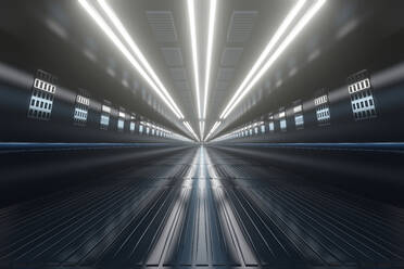 Dreidimensionales Rendering eines hell erleuchteten Korridors einer Industrieanlage - SPCF00476