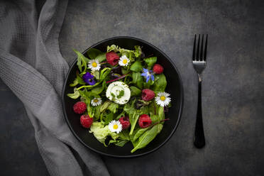 Bowl of fresh salad with arugula, spinach, chard, oak leaf, lollo rosso lettuce, corn salad, raspberries, cream cheese, chive and edible flowers - LVF08342