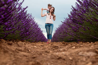 Happy mother and daughter walking among lavender fields in the summer - CAVF65574