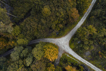 Austria, Lower Austria, Aerial view of junction of gravel road in autumn forest - HMEF00633