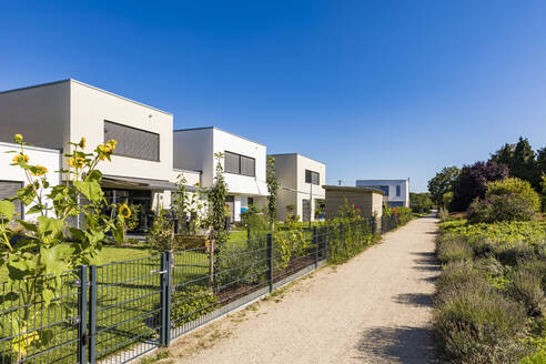 Germany, Bavaria, Neu-Ulm, Dirt road along row of suburb houses - WDF05519